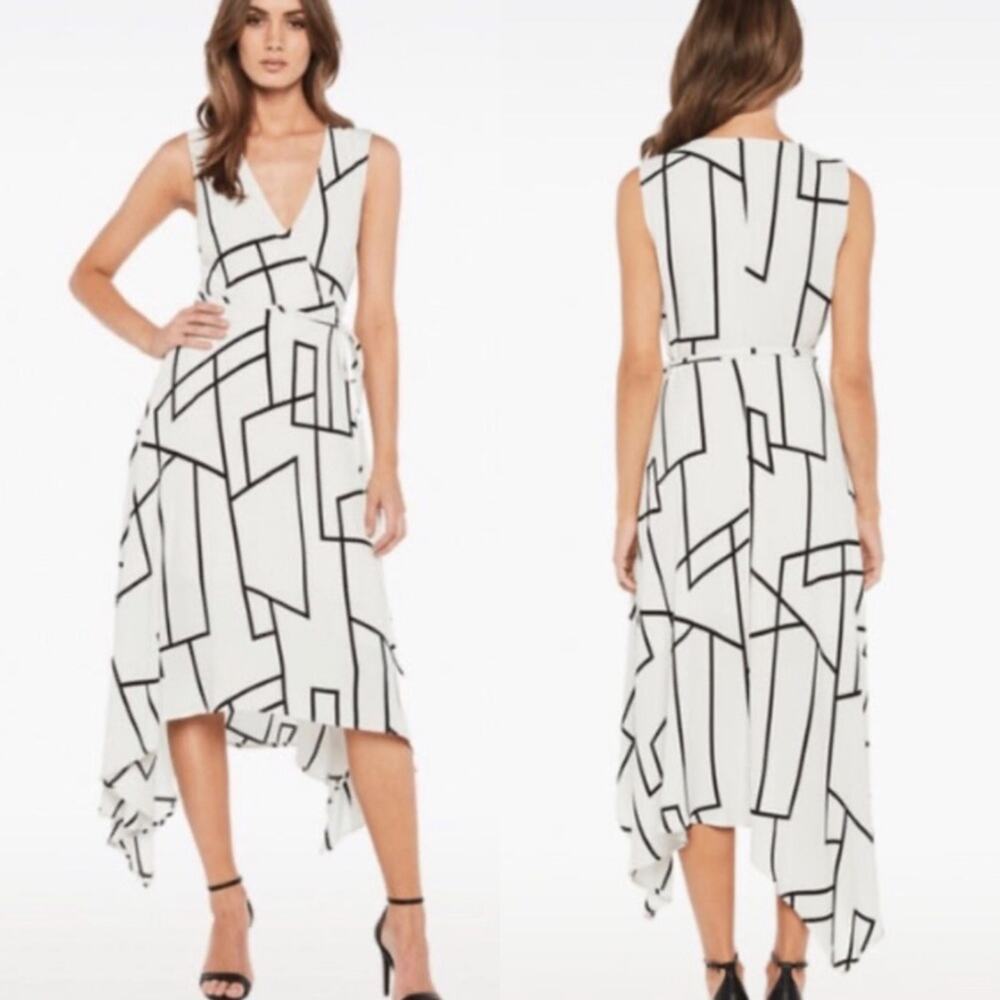 Bardot White & Black Geometric Sleeveless Wrap Midi Dress Size 4